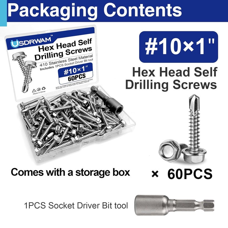 Usdrwam 60Pcs #10×3/4" Self Tapping Screws for Metal, 410 Stainless Steel Hex Washer Head Sheet Metal Screw - Image 3